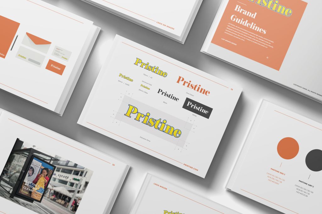 Mockup of Pristine brand guidelines booklet showing logo variations, colour palette, sizing rules, and brand application examples.