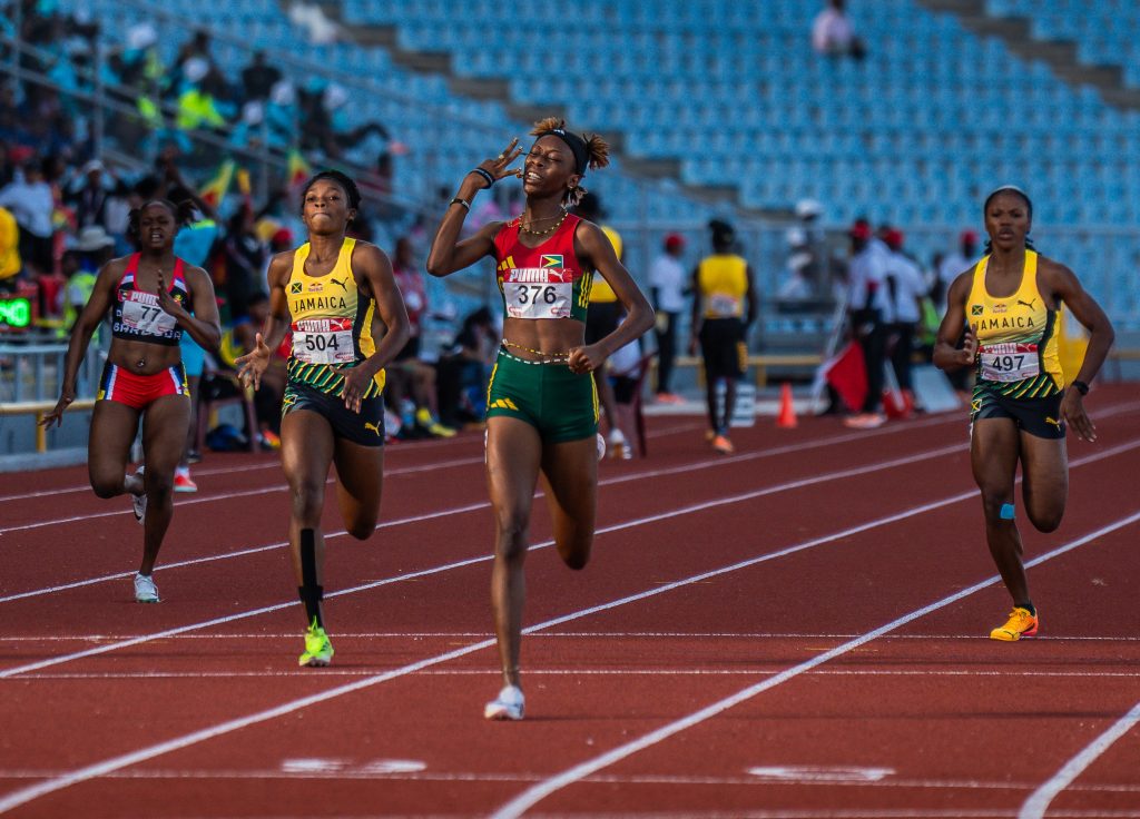 Tianna Springer powers down the track during the U17 400m final at CARIFTA 2025.