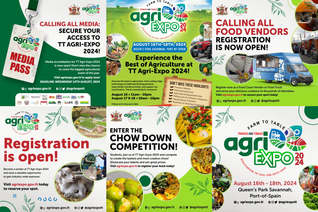 Collage of promotional graphics for TT Agri-Expo 2024, featuring event details, registration announcements, media accreditation, vendor outreach, and the Chow Down student competition, all unified by the “Farm to Table” theme and vibrant agricultural visuals.
