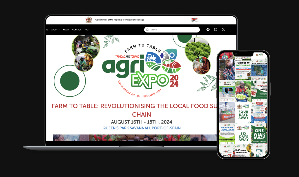 Mockup of the TT Agri-Expo 2024 website and Facebook page displayed on a laptop and smartphone, showcasing the event branding and digital presence with the theme “Farm to Table: Revolutionising the Local Food Supply Chain.”
