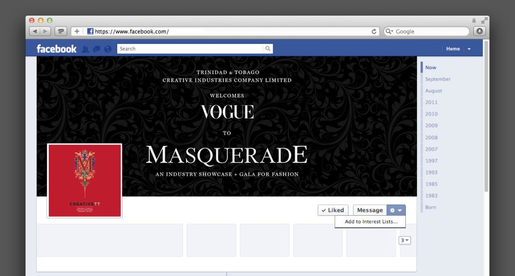 Facebook page cover for Masquerade event welcoming Vogue Italia to Trinidad and Tobago