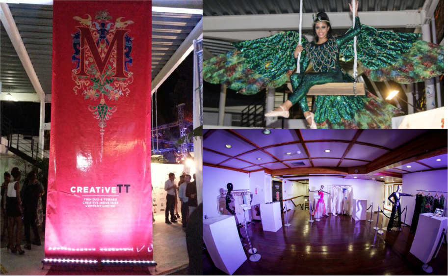 Collage of Masquerade event elements including red banner at entrance, performer dressed as a peacock on swing, and designer showroom with dresses on display