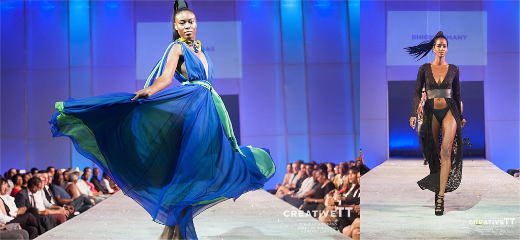 Model in flowing blue and green gown mid-twirl on runway and Model walking runway in black lace robe and high-waisted belt, audience visible on both sides