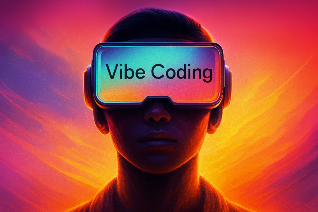 Digital illustration of a person wearing futuristic VR goggles with the words “Vibe Coding” displayed across the visor, set against a bold orange-to-purple gradient background, symbolising the fusion of creativity, coding, and immersive technology